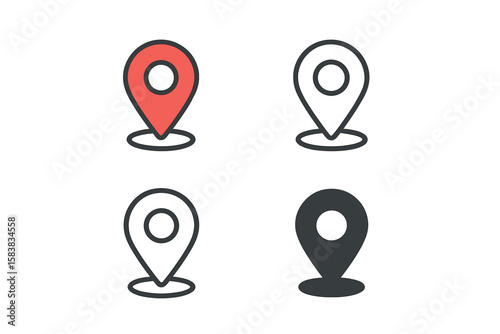 Location Pin Marker Icon Set. Colorful and Outline Map Pointer Symbols. Editable Stroke, Solid, and Outline Styles. Navigation, GPS, Geolocation, Map Marker, Route, and Wayfinding Vector Illustration