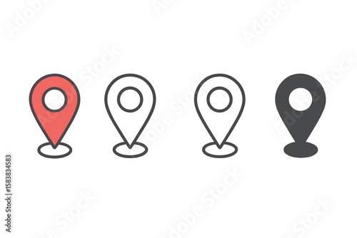 Location Pin Marker Icon Set. Colorful, Outline, and Solid Map Pointer Symbols. Editable Stroke. Navigation, GPS, and Mapping Vector Illustration. Geolocation, Destination, and Route Concept.