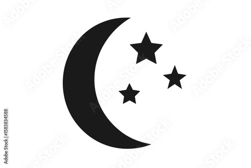 Crescent Moon and Stars Icon, Night Sky Symbol, Minimalist Celestial Vector, Black Silhouette, Astronomy Clipart, Islamic Lunar Emblem, Dreamy Nocturnal Design, Transparent Background Illustration