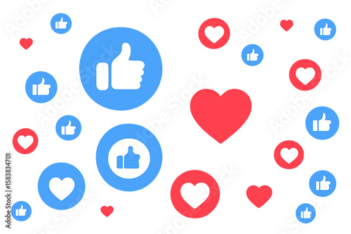 Social Media Like and Love Reaction Icons Background. Facebook Thumbs Up and Heart Buttons Pattern. Vector Illustration for Marketing, Advertisement, Promotion, Engagement, Transparent PNG Design