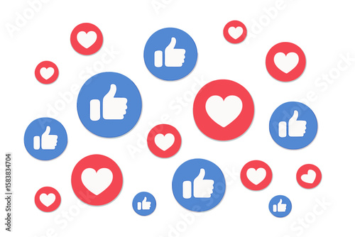 Social Media Like and Love Reaction Icons Background. Facebook Thumbs Up Blue Button, Red Heart Symbol. Vector Illustration for Marketing, Advertising, Promotion, Engagement, Transparent PNG Design