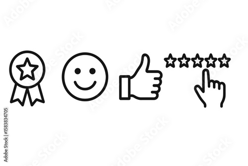 Award, Satisfaction, Feedback, and Rating Icons Set. Star Badge, Smiley Face, Thumbs Up, Five Star Review, Hand Pointer. Customer Experience, Reward, Incentive, Quality Assurance Vector Illustration