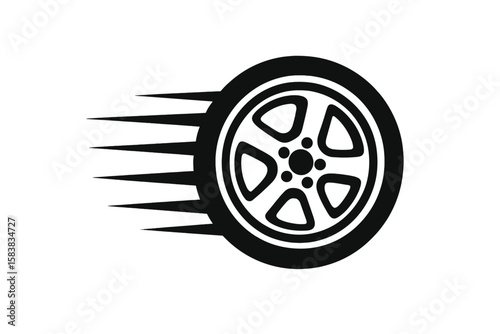 High-Speed Car Wheel Icon, Dynamic Auto Tire Motion, Racing Wheel with Speed Lines, Black and White Vector, Transportation Symbol, Fast Movement Concept, Modern Vehicle Illustration