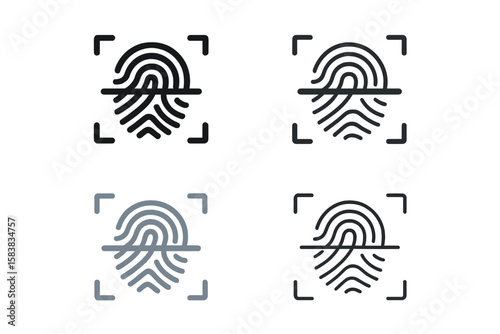 Fingerprint scanning icon set. Biometric authentication and verification symbol. Cyber security technology for access control. Touch ID and identity recognition vector logo.
