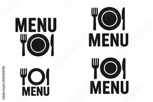 Restaurant Menu Logotype Set with Cutlery and Tableware Icons – Fork, Knife, Plate Symbols in Multiple Minimalist Variations, Black Silhouette Vector and Transparent PNG Illustration