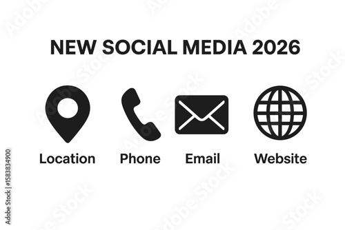 Modern 2026 Social Media Network Icons and Contact Information Set Including Location, Phone, Email, Website Symbols, Transparent PNG and Vector Illustration for Digital Communication