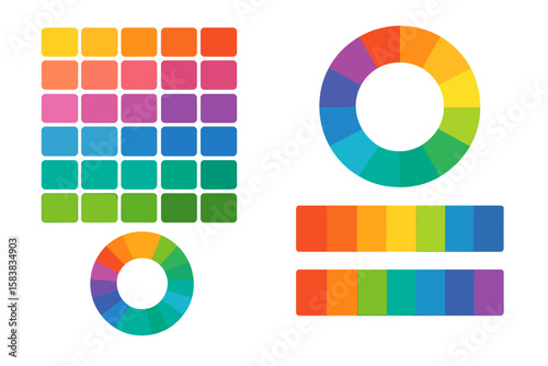Color palette set with color wheel and swatches. Rainbow spectrum guide for graphic design, branding, and UI UX. Vector illustration of color harmony and selection chart.
