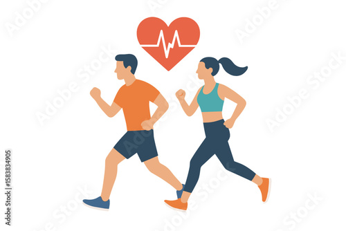 Active Healthy Lifestyle Concept—Man and Woman Running Together, Heartbeat Pulse Symbol, Fitness Exercise, Outdoor Cardio Training, Wellness, Sportswear, Flat Vector Illustration