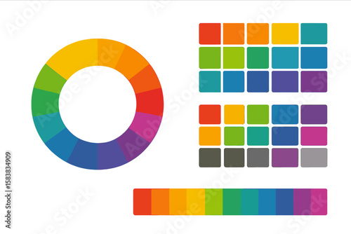 Color palette set featuring a vibrant color wheel, chart diagrams, and swatches. Rainbow spectrum guide for graphic design, color theory, harmony, and selection tool.