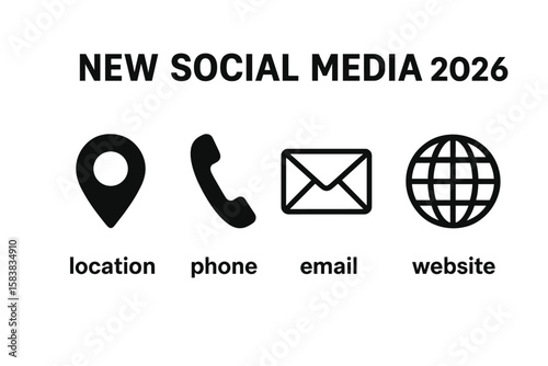 Modern Social Media and Contact Icons Set 2026 – Location, Phone, Email, Website. Minimalist Vector Symbols for Communication, Digital Marketing, Networking, Transparent PNG, Editable Design