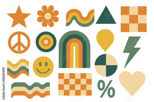 Collection of trendy retro 70s groovy vector shapes and symbols. Abstract geometric design elements set with smiley, flower, rainbow, and peace sign for vintage illustration.