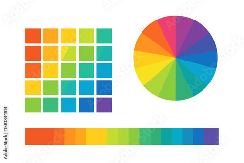 Color palette set with rainbow color wheel spectrum. Multicolored chart and diagram for graphic design. RGB color guide and swatches for artists. Vector harmony tool.