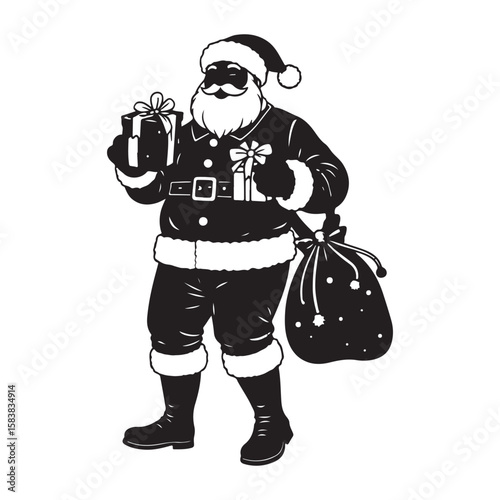Create a clean silhouette vector illustration of Santa Claus holding a gift box. Santa Claus vector illustration icon