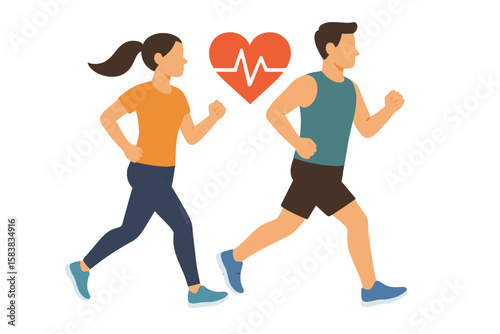 Active Healthy Lifestyle Concept—Man and Woman Jogging Together, Heartbeat Pulse Symbol, Fitness Motivation, Cardio Exercise, Outdoor Running, Wellness, Vector Illustration