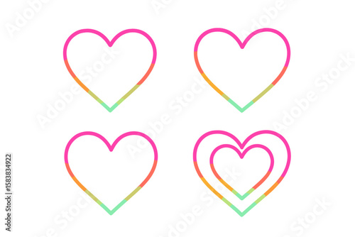 Vibrant Gradient Heart Outline Collection. Modern Colorful Love Symbol Line Art. Minimalist Romantic Icon Set. Abstract Valentine’s Day Design. Trendy Transparent PNG and Vector Illustration.