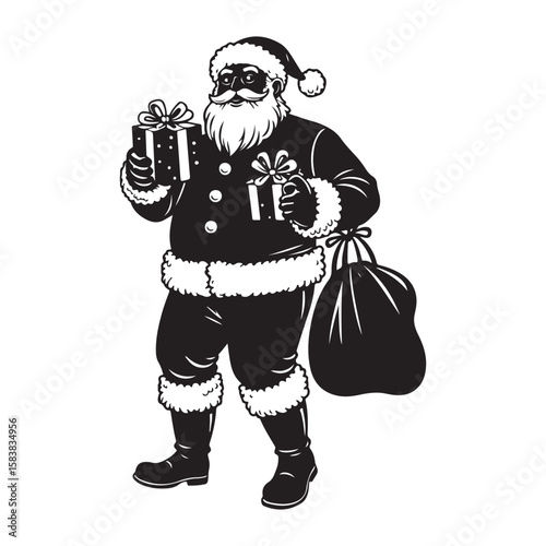 Create a clean silhouette vector illustration of Santa Claus holding a gift box. Santa Claus vector illustration icon