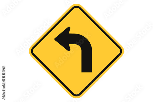Left Turn Ahead Warning Road Sign, Curved Arrow, Yellow Diamond Traffic Sign, Isolated Vector Illustration for Transportation Safety, Transparent Background, Caution Symbol, Urban and Rural Roads