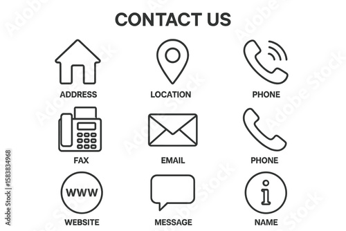 Contact us line icon collection. Web and business communication symbols. Vector set with address, location, phone, fax, email, website, message, and information icons.