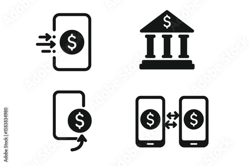 Digital Banking and Mobile Money Transfer Icons for Apps and Websites, Transparent Vector and PNG Illustration Set