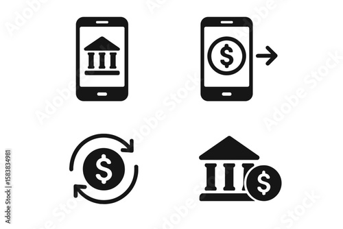 Digital Banking and Mobile Money Transfer Icons for Apps and Websites, Transparent Vector and PNG Illustration Set of Financial Technology Symbols