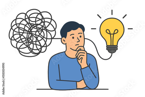 Metaphor of Problem Solving and Creative Thinking, Simplifying Complex Processes, Lightbulb Moment, Contemplation on Tangled Issues, Innovative Solutions, Untangling Problems, Creativity Concept
