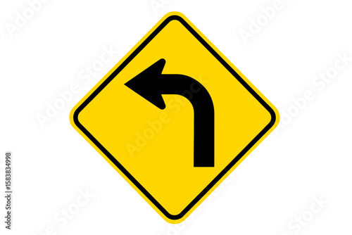 Sharp Left Turn Warning Road Sign, Yellow Diamond Shape, Traffic Safety Symbol, Vector Illustration, Isolated Transparent Background, Highway Caution, Curve Ahead, Roadway Navigation Alert