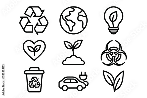 Ecology line icons set. Symbols for sustainability, environment, and conservation. Green energy, recycling, planet earth, nature, and eco friendly concepts. Vector illustration.