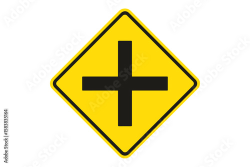 Intersection Road Warning Sign, Black Cross Symbol, Yellow Diamond Shape, Traffic Safety, Vector Illustration, Transparent Background, Caution Signage, Emergency Vehicle Lane Alert