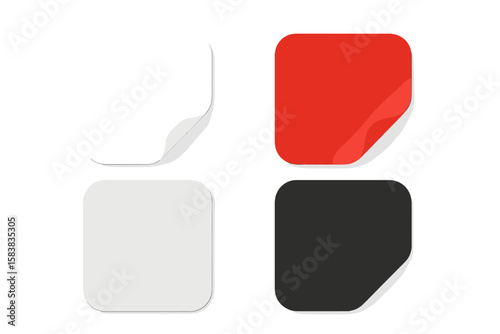 Red, white, and black square paper stickers with peeling curled corners and adhesive backing, set of rounded edge sticky labels with shadow effect, isolated vector design