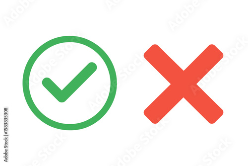 Green check mark and red cross icon set. Yes and no signs. Correct, incorrect, approve, reject symbols. Right, wrong choice for vote or survey. Pass, fail button.
