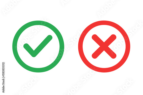 Check mark and cross symbols. Green tick and red X icons. Yes and no buttons. Correct and incorrect choice signs. Approve, disapprove, and reject concept. Vector.