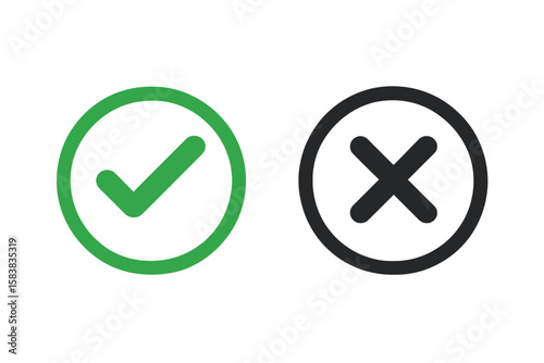 Green check mark and black cross mark icons set. Yes and no button symbols. Accept and reject, or right and wrong signs. Vector illustration for approval or rejection.