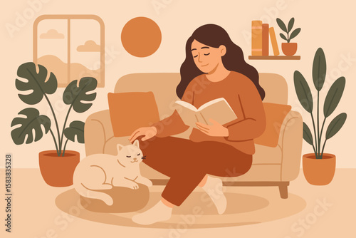 Young woman relaxing comfortably at home, enjoying reading books in a cozy environment, promoting calm, positive emotions, wellbeing, stress relief, and anxiety reduction lifestyle concept