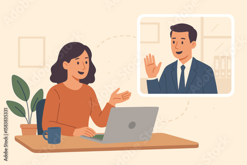 Remote Team Meeting, Online Communication, Virtual Business Discussion, Video Conference Connecting Home and Office, Professional Collaboration, Businessman and Businesswoman Interaction
