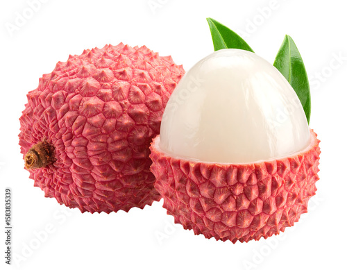 Two fresh lychee fruits, one peeled, isolated on white background