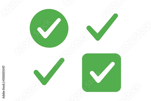 Green Check Mark Icon Set. Vector Tick Symbol Collection. Rounded and Square Approval Buttons. Isolated Success, Confirmation, and Validation Icons. Flat Design. Transparent Background.