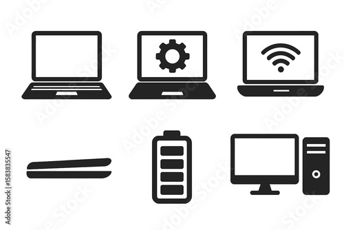 Modern Laptop and Desktop Computer Icon Set. Technology Devices Collection. Wireless Internet, Battery, Settings, Thin Ultrabook, PC Tower, Monitor. Black Silhouette Vector Illustration.