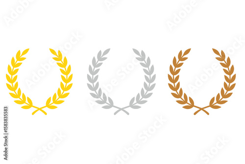 Laurel wreath victory icon set featuring gold, silver, and bronze medals with laurel frame ranking decoration, award badges, achievement symbols, and honor vector illustration