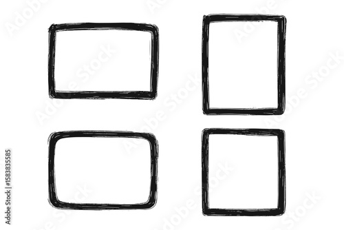 Set of hand drawn frames. Grunge style rectangular borders with paint brush or chalk texture. Sketchy doodle design elements. Abstract vector isolated illustration.