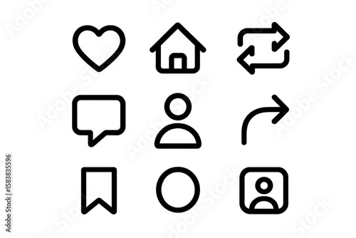 Social media icons set with like, love, heart, home, repost, comment, follower, share, save, and stories user buttons, transparent PNG and vector format for digital notifications and interactions