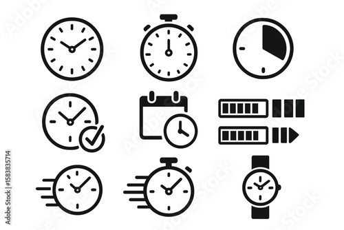 Time and Clock Icon Set, Stopwatch and Timer Symbols, Time Management, Progress Bar Loading, Speed Clock, Fast Stopwatch, Watch Face, Calendar Reminder, Efficiency Concept, Black Line Vector