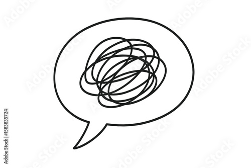 Confused thoughts in speech bubble. Chaos, scribble, vector illustration. Mental health, anxiety, stress concept. Tangled mind, communication problem, psychotherapy metaphor.