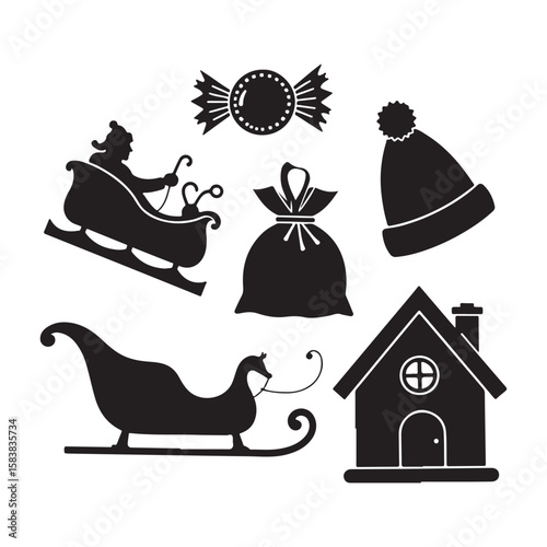 Vector Christmas black and white illustration with Santa Claus riding his sleigh pulled by reindeers on white background