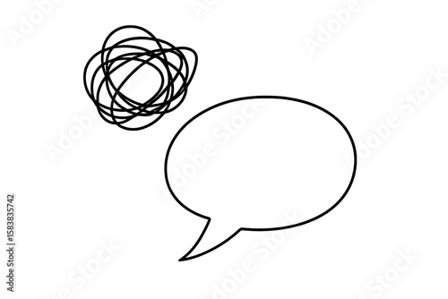 Tangled thoughts and clear communication. Messy scribble transforms to clean speech bubble. Metaphor for anxiety, stress, depression, therapy, psychology, mental health.