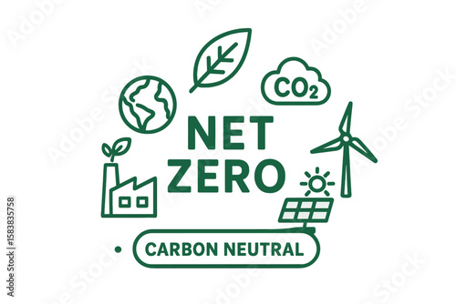 Net zero concept with green icons. Carbon neutral strategy for CO2 emission reduction. Ecology, sustainable development, and environmental protection with renewable energy sources.