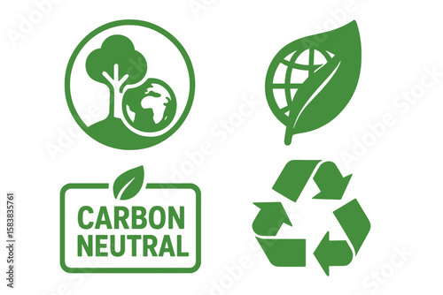Eco-Friendly Nature and Environment Icons Set – Carbon Neutral, Recycle, Green Leaf, Earth Conservation, Sustainable Symbol Vector Illustration