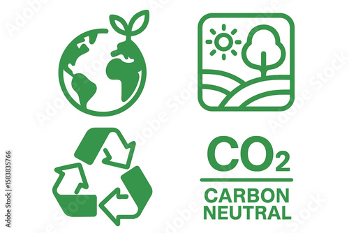 Set of eco friendly icons. Green signs for nature, environment, and sustainability. Recycling symbol, carbon neutral CO2 logo, planet earth, and natural landscape.