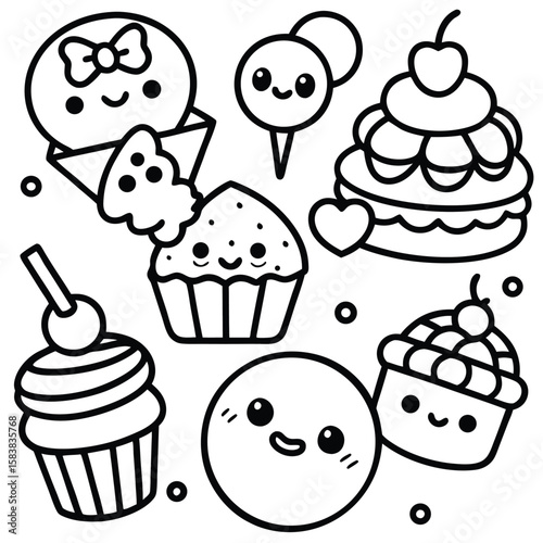 Cute kawaii desserts and characters with happy faces isolated on white background