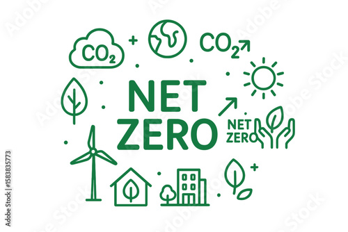 Net zero carbon emissions concept, CO2 reduction, climate change mitigation, carbon neutral strategy, renewable energy, sustainable city, green energy icons, eco-friendly vector illustration