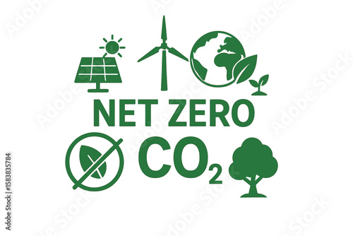 Net Zero CO2 Emissions Concept, Carbon Neutral Strategy, Green Energy Icons with Solar, Wind, Earth, Tree, Renewable Resources, Eco-Friendly Vector Illustration